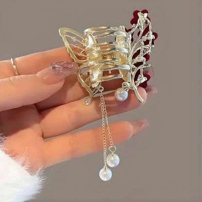 Luxury Butterfly Hair Claw Clip with Sparkling Rhinestones, Velvet Flowers & Dangling Pearl Tassels - Elegant Decorative Hair Accessory for Women, Girls, Brides, Weddings, Parties